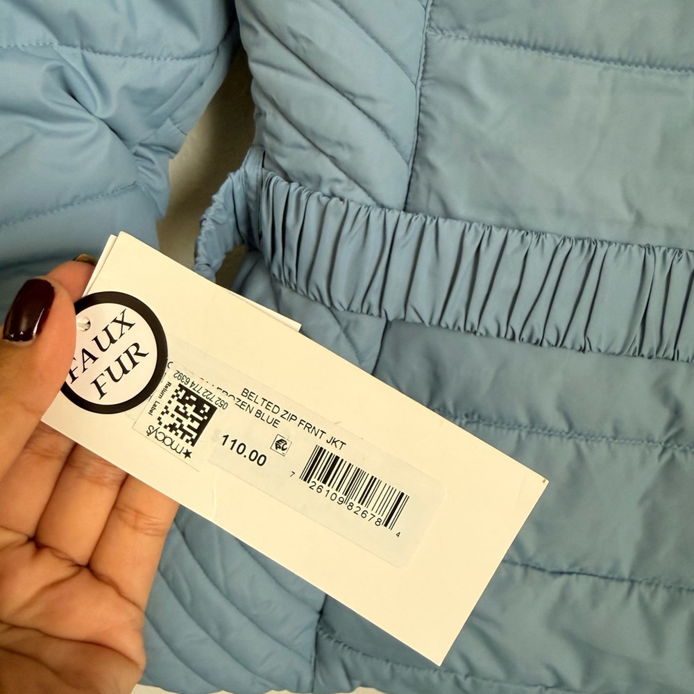 Maralyn & Me Women’s Blue Quilted Puffer Jacket XS Faux Fur Hood Belted NWT - Picture 11 of 16